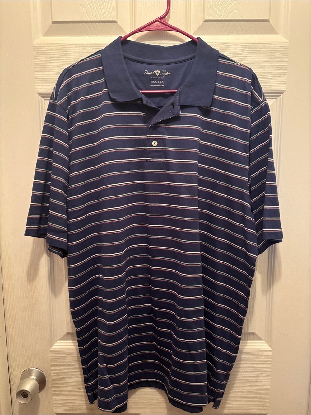 David Taylor Navy Polo with White and Light Red Stripes